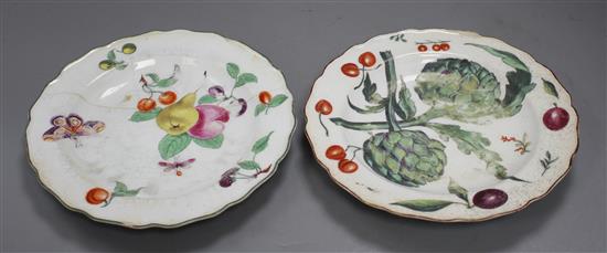 A Chelsea red anchor artichoke plate and a similar fruit and butterfly plate, c.1755, 21.8 and 22cm